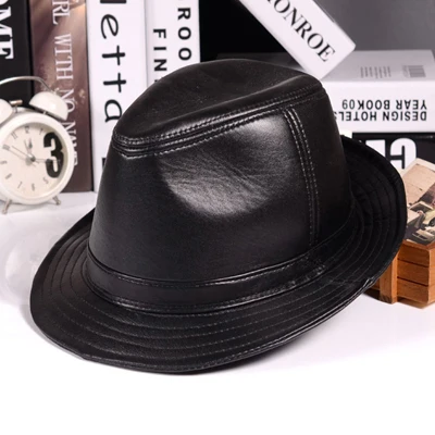 Весенние головные уборы из натуральной кожи для мужчин/женщин, британские Нежные мужские широкие шляпы Stetson Fedoras 55-60 см, облегающие коричневые мужские шляпы - Цвет: Черный