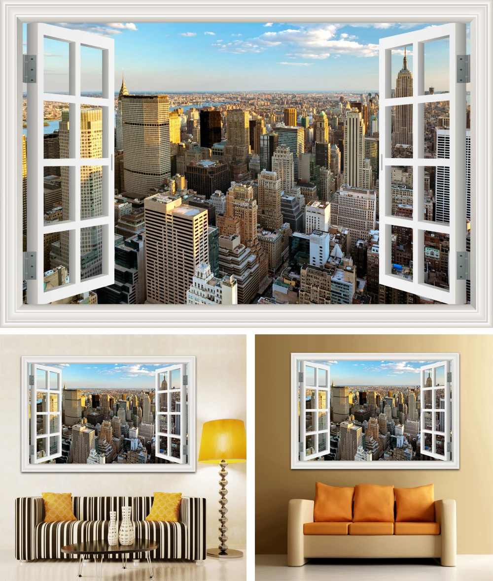 3D Наклейка на стену с видом на окно, закат, пейзаж, наклейка с видом города, виниловые обои, домашний декор, Настенная Наклейка для гостиной, большая