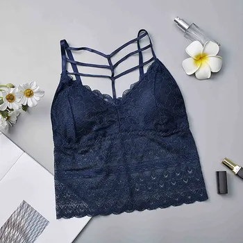 

Sexy V-Neck Tank Tops Women Lace Floral Hollow Camisole Ladies Summer Padded Crop Top