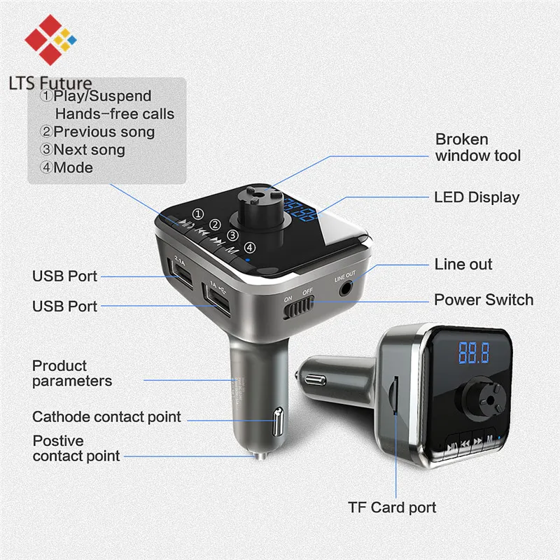 Bluetooth Handsfree, двойной USB порт, быстрое автомобильное зарядное устройство для телефона, спасательный стеклянный зарядный адаптер, безопасный молоток, музыка, Mp3 аудио плеер