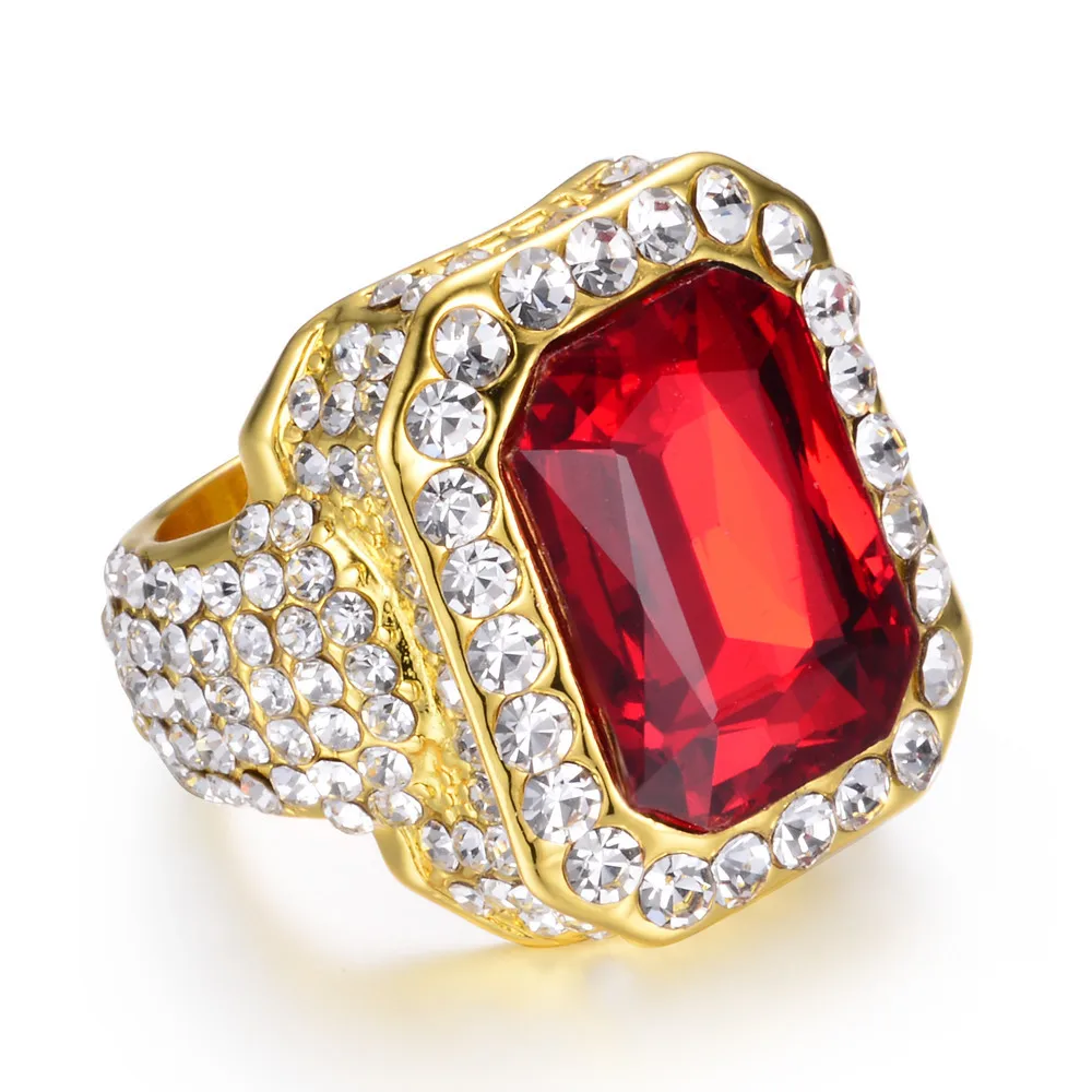 

Hip Hop Bling Iced Out Full Rhinestones Pave Gold Ring Male Cool Square Red Stone Mens Singet Rings Jewelry Size 8-13