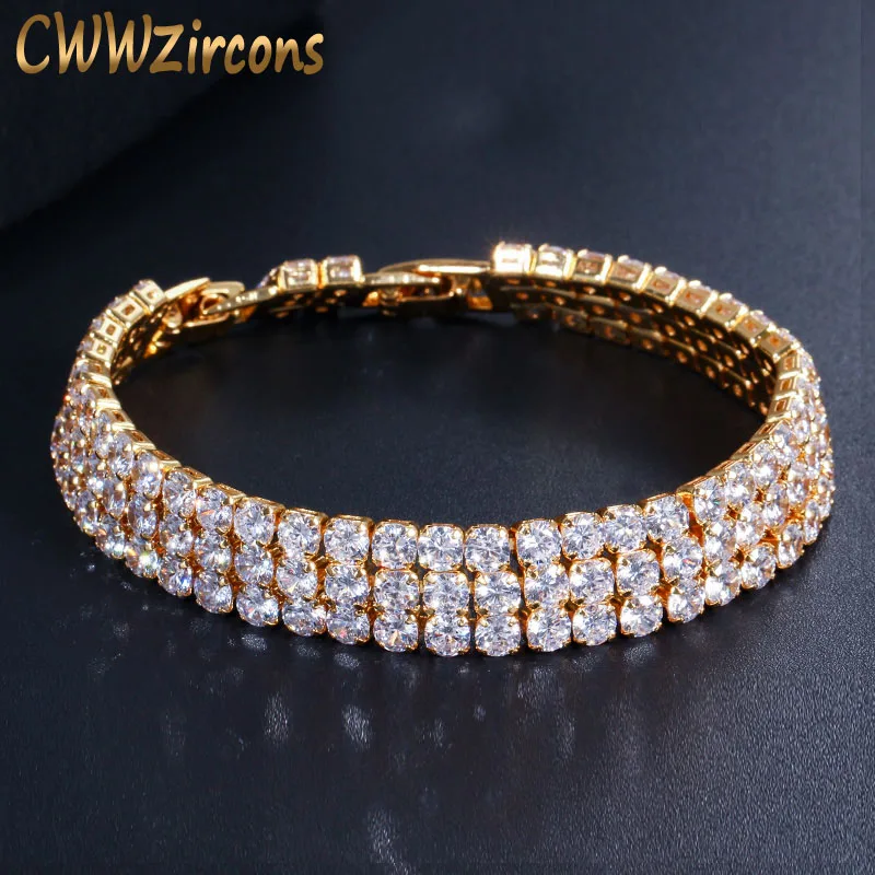 CWWZircons 3 ряда Iced Out хип хоп желтое золото цвет Bling кубического циркония теннисный браслет для мужчин Роскошные Панк ювелирные изделия подарок CB048