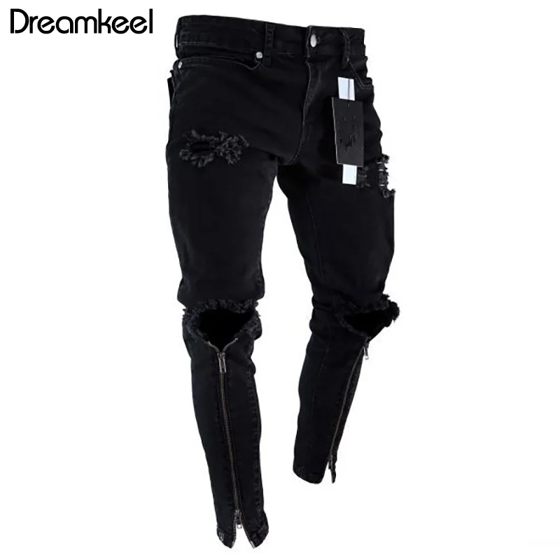 

Man Pants Jeans Fashion Streetwear Men Jeans Vintage Destroyed Ripped Elastic Zipper Jeans Pants Hip Hop Jeans Men Plus Size Y