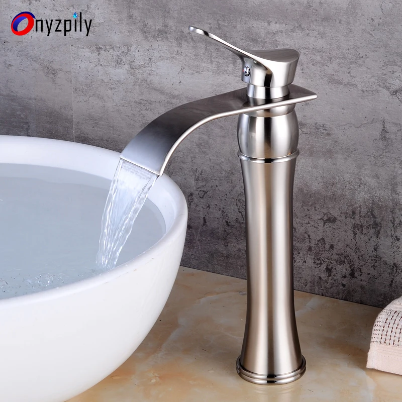 

Waterfall Spout Bathroom Basin Sink Tap Single Handle Vessel Deck Mounted High Body Brushed Nickel
