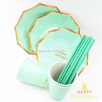 

205Pcs/Lot Mint Green Gold Paper Plates Cups Straws For Kids Happy Birthday Party Decorations And Party Supplies Free Shipping