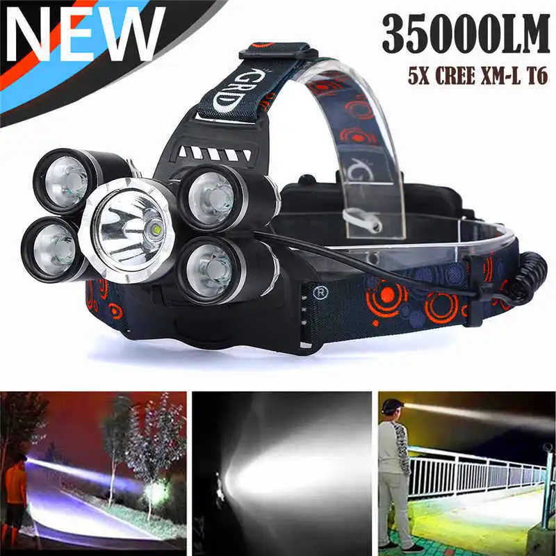 35000 LM 5X XM-L T6 powerful led flashlight Rechargeable Headlamp Headlight Travel led flashlight Head Torch 18650 #4S6 (9)