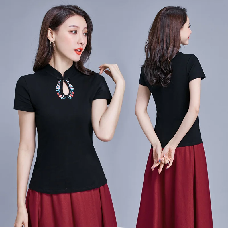 Женская Ретро рубашка с вышивкой в китайском стиле, женская летняя новая хлопковая футболка с коротким рукавом и воротником-стойкой в национальном стиле