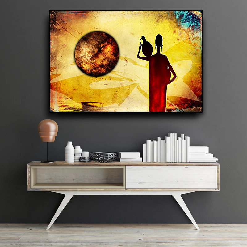 

Abstract Woman African Gold Landscape Oil Painting on Canvas Vintage Posters and Prints Cuadros Wall Art Picture for Living Room