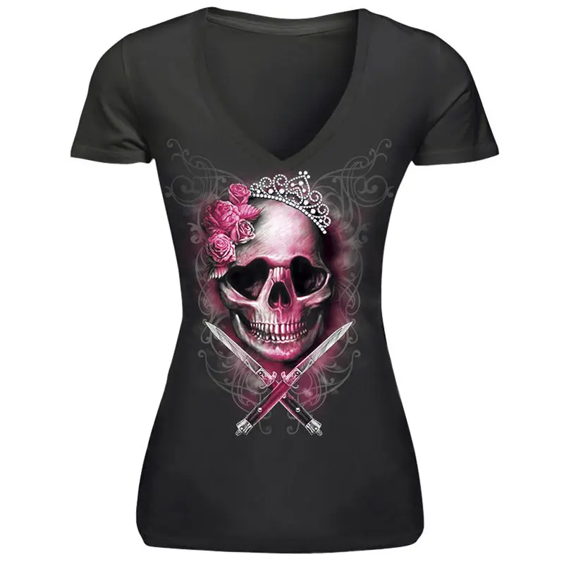 SOSHIRL Skull Princess Women's Summer T Shirt Punk Black Sexy V neck T