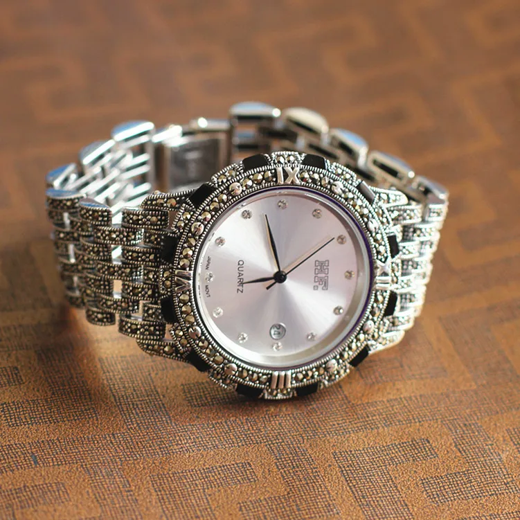 Винтажное Тайское Серебро S925 Стерлинговое серебро ювелирные изделия оптом тайское ремесло серебряные мужские и женские кварцевые часы браслет