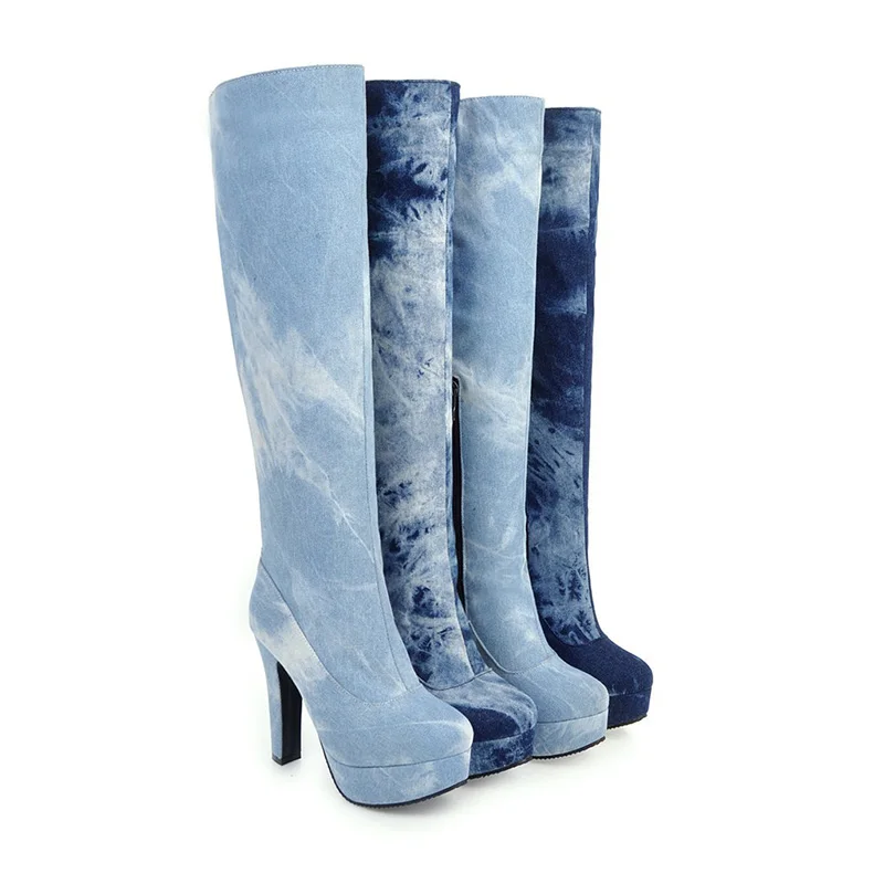 WETKISS/большой Размеры 33-50 джинсовые сапоги Женская мода Джинсы Обувь для Для женщин на высоком каблуке зимние сапоги на платформе Цветной на молнии
