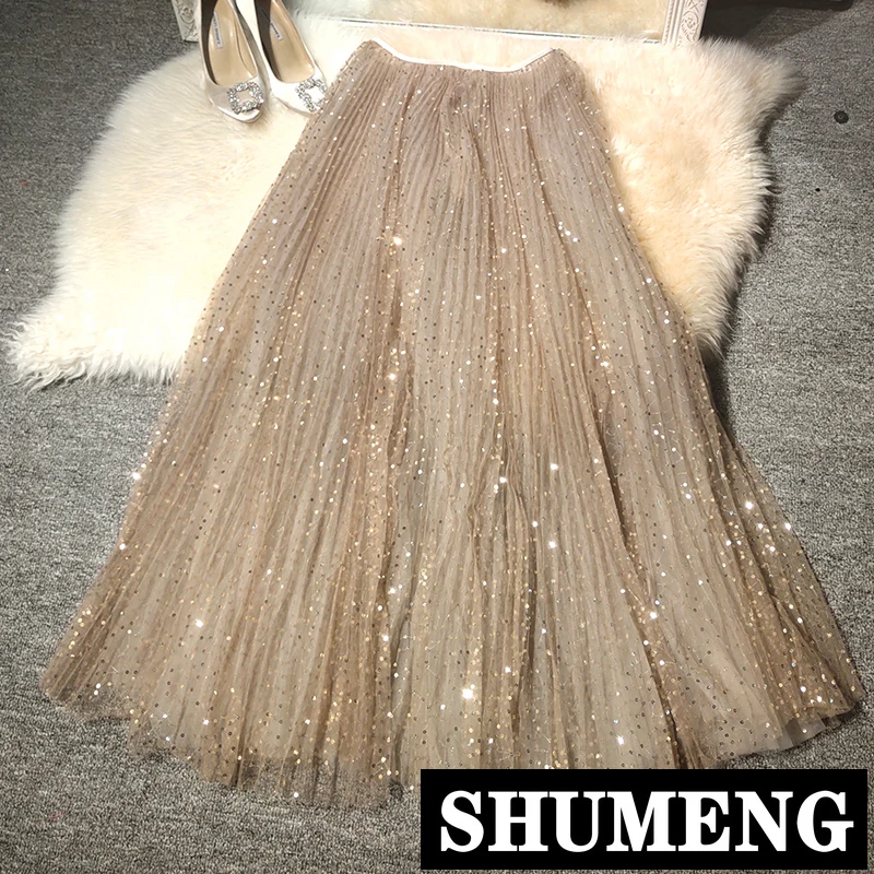 Dreamy New Spring and Summer Beautiful Embroidered Bright Stars Sequins Long Gauze Skirt Women's Shiny A-lien Skirts