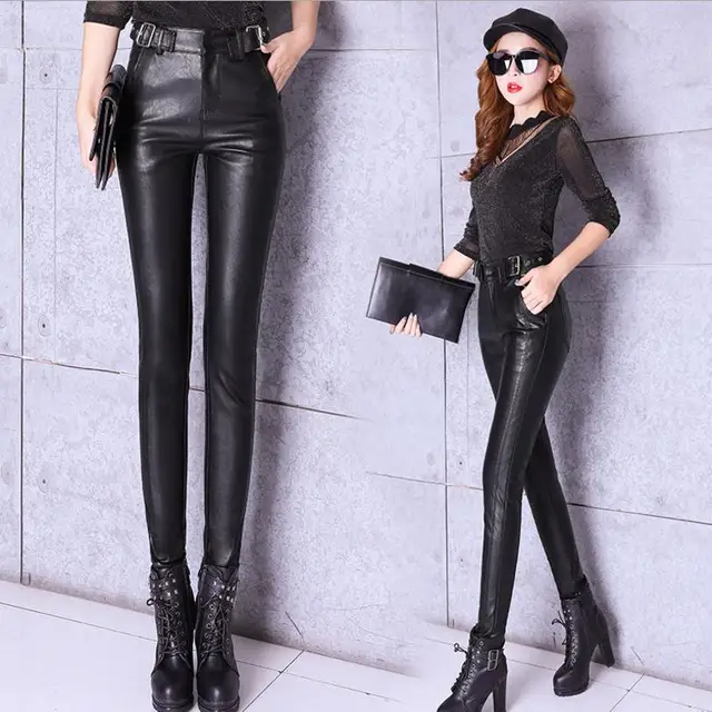 S 2XL PU leather pants female Autumn Winter fashion womens high waist ...