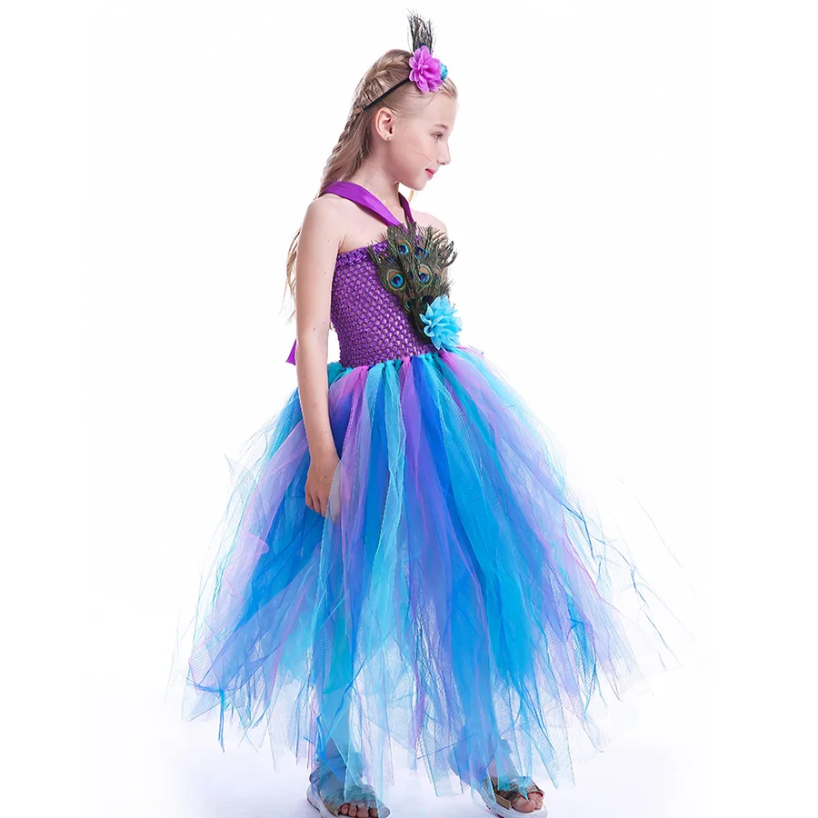 Pretty Peacock Feather Girls Flower Tutu Dress Wedding Birthday Party Halloween Purim Costume Kids Carnival Tutu Outfit (9)