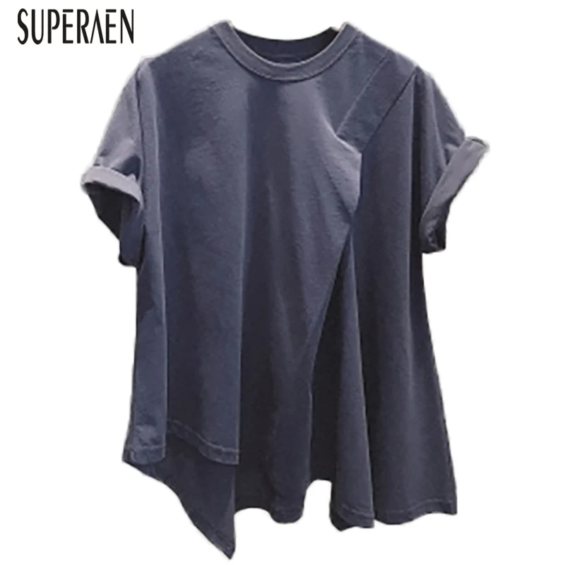 

SuperAen Korean Style Cotton Women T Shirt Wild Casual Round Neck Short-sleeved T-shirt Female 2019 Summer New Irregular Tops