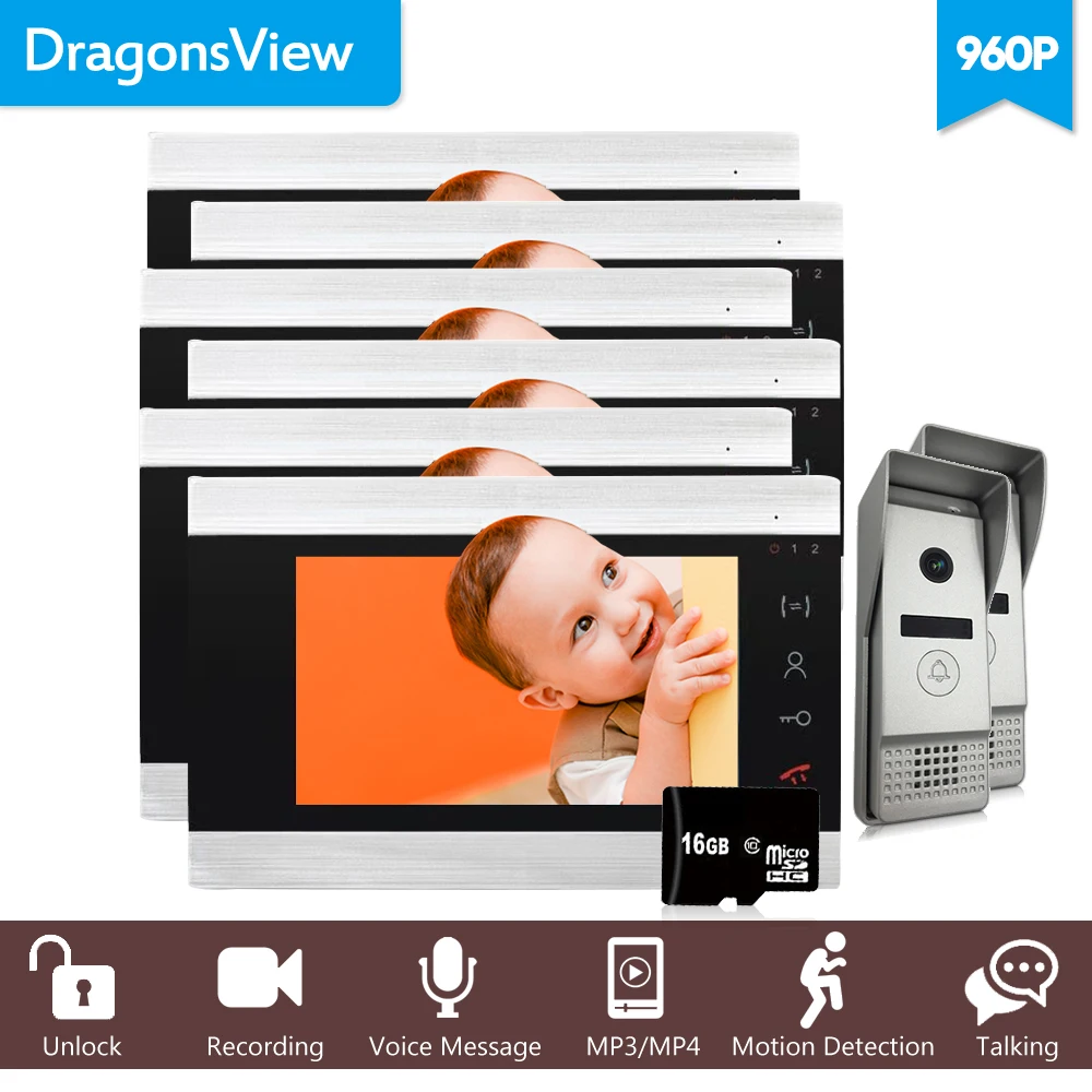 Dragonsview 7 дюймов 960 P видеодомофоны телефон двери системы 2 дверные звонки камера домофоны для квартиры 6 Крытый мониторы SD карты