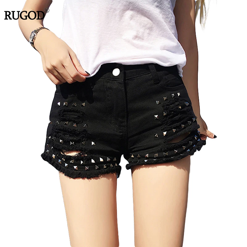 Summer Fashion Hole Rivet Shorts jeans woman high waist