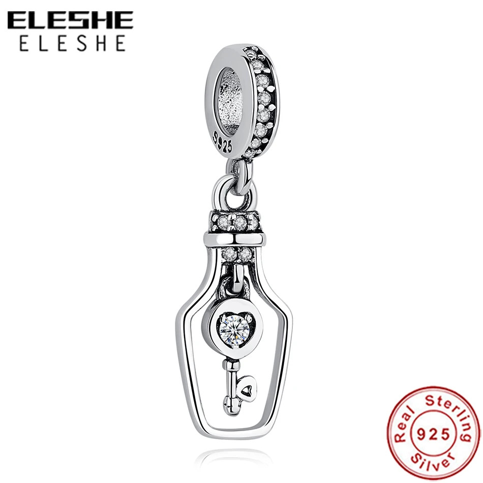 

ELESHE 925 Sterling Silver Drifting Bottle Dangle Charm Fit Original Bracelet Necklace Key of Love CZ Beads DIY Jewelry Making