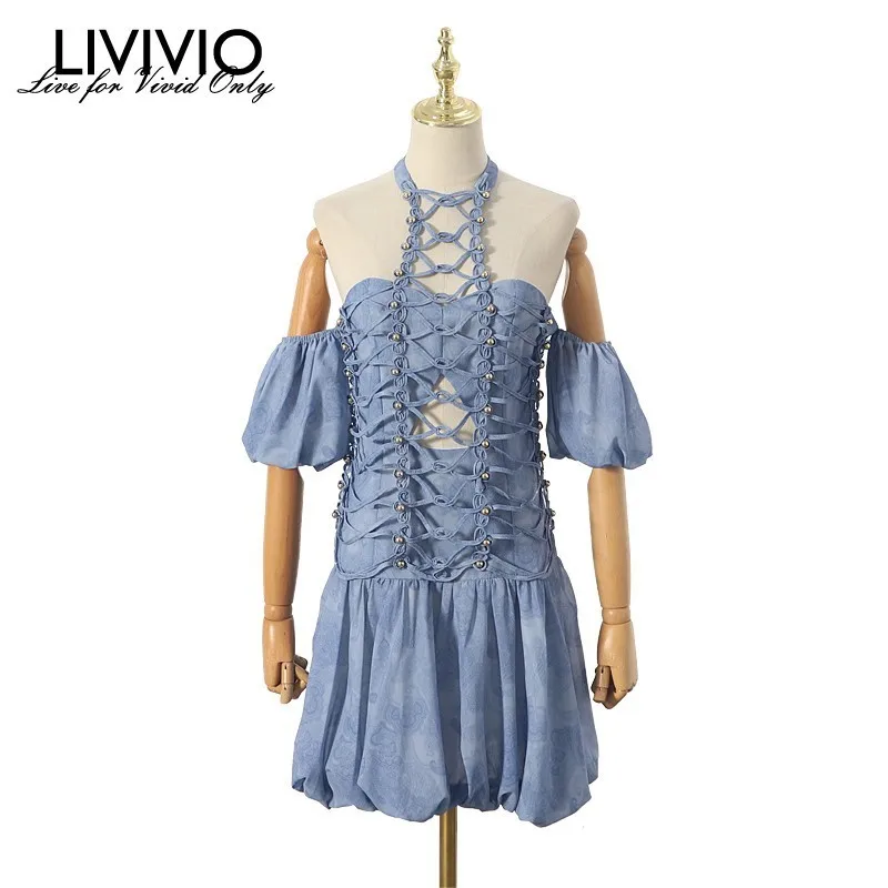 

[LIVIVIO] Off Shoulder Strapless Halter Neck Short Puff Sleeve Lace Up Mini Dress Women Boho 2019 Summer Beach Elegant Clothes