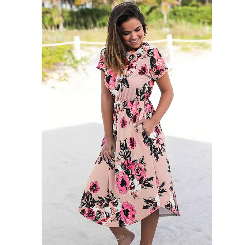 Women's Chic Boho Style Printed Dress Pink