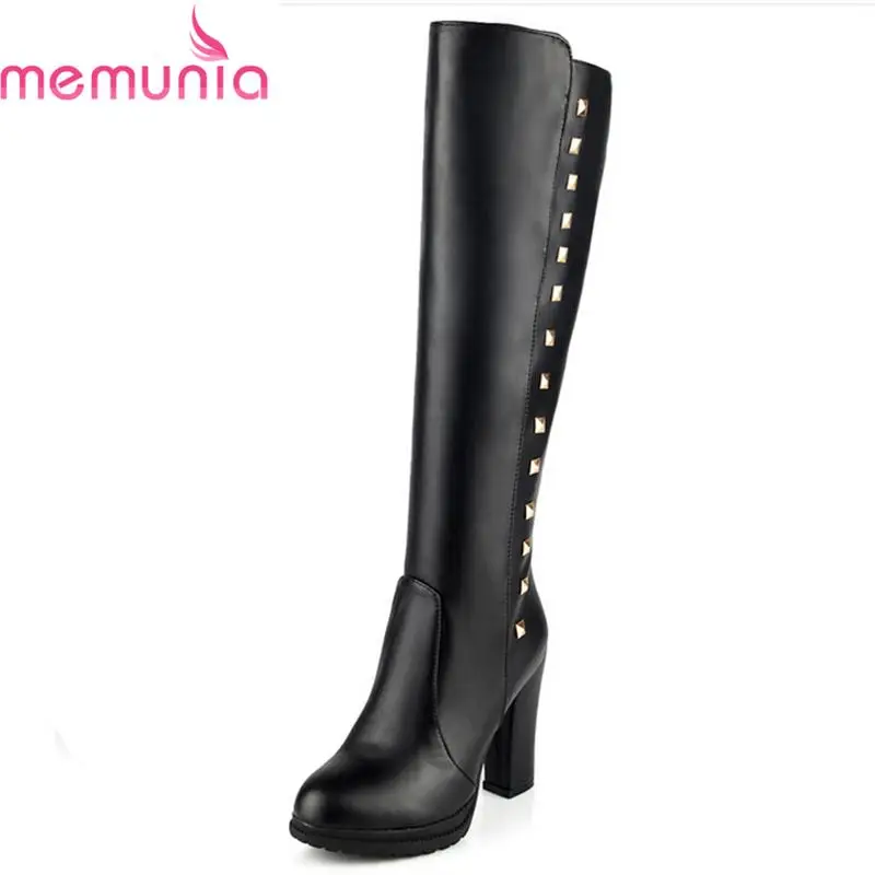

plus size 34-40 knee high boots pu leather fashion round toe women shoes simple zip thick high heel snow winter boots
