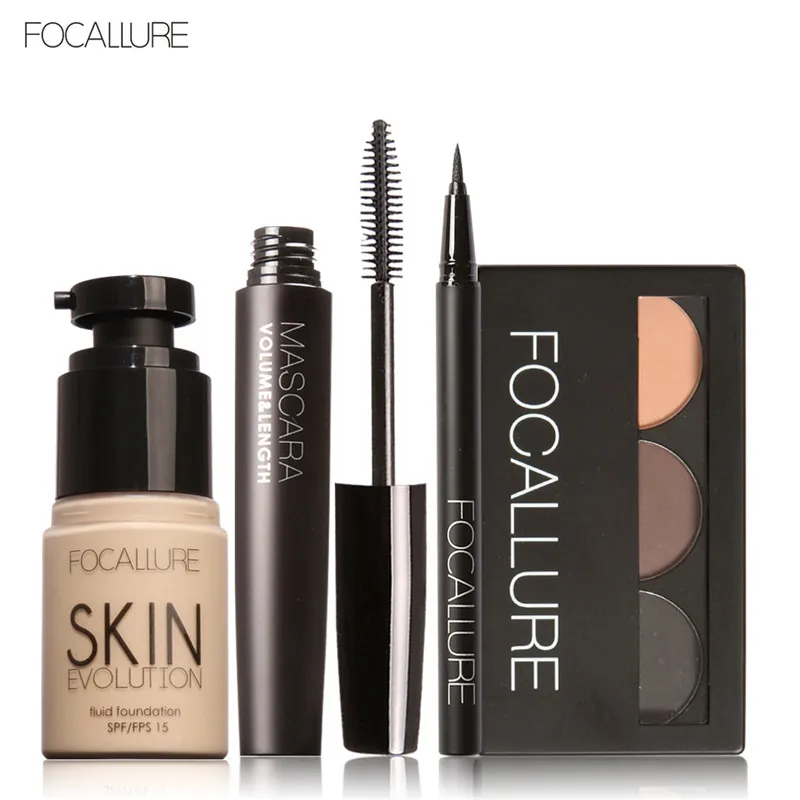 FOCALLURE 4 Pcs Makeup Set Eyebrow Powder Eyebrow Pencil Mascara Eyeliner Face Foundation Primer
