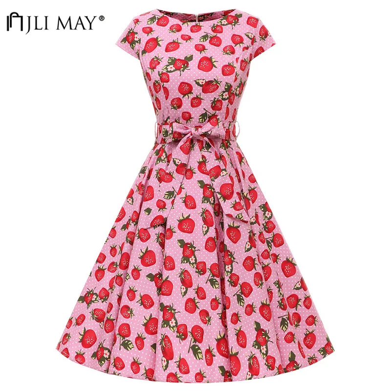 

JLI MAY 50s Strawberry Printed Vintage Dress Party Elegant Classic Cotton Belted O-neck Cap Sleeve Hepburn style Sundress Summer