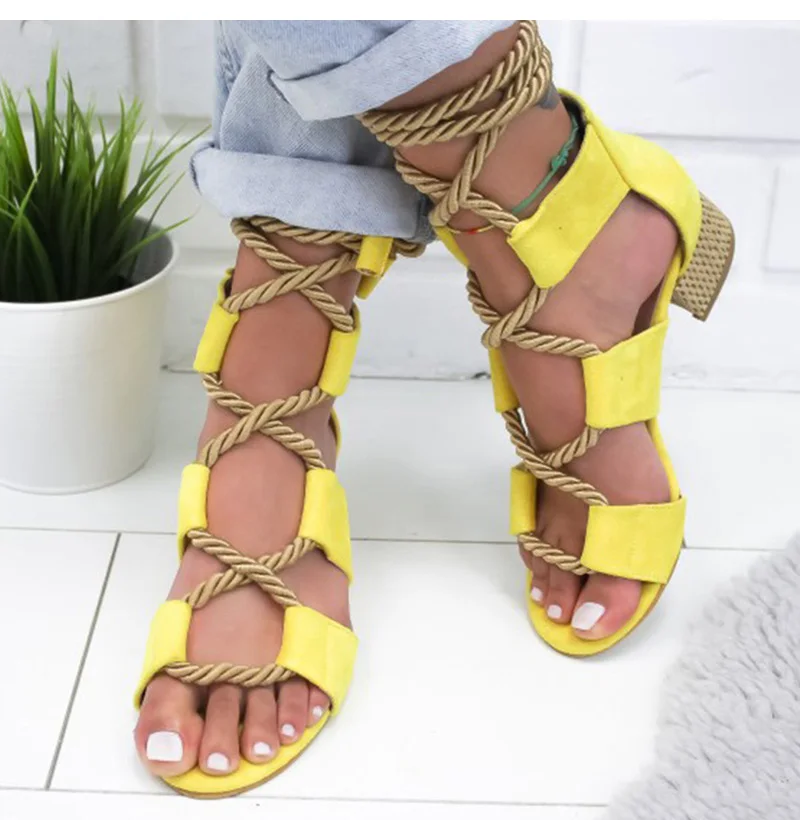 Женские босоножки с острым носком на каблуке сандалии на платформе со шнуровкой из пеньковой веревки