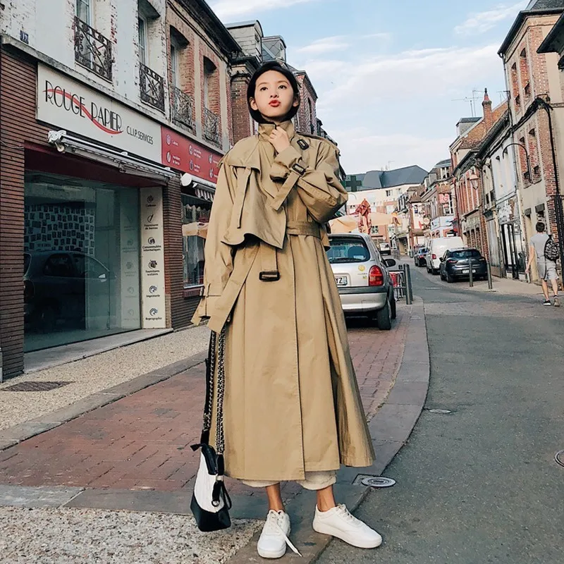 Women Trench Coats High Street Loose Outerwear Woman Worker Streetwear Long Trench coats Female OL oversize Trench FY12 - Цвет: Khaki