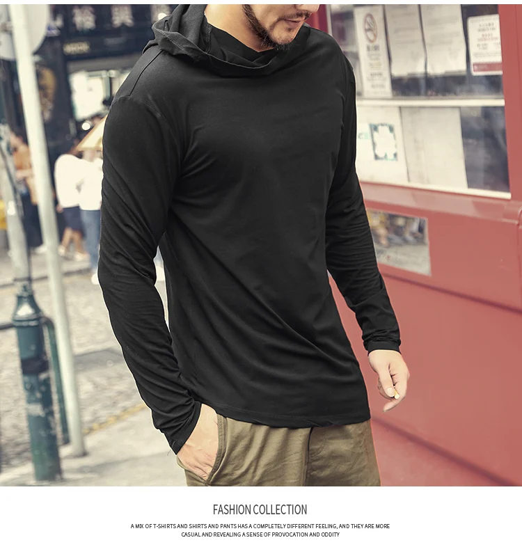 Men Autumn New European Style High Collar Long Sleeve Hooded T-shirt with Cap Men Slim Casual Cotton Irregular T-shirt T908 HTB1GK63XsfrK1RkSmLyq6xGApXaS - Men Autumn New European Style High Collar Long Sleeve Hooded T-shirt with Cap Men Slim Casual Cotton Irregular T-shirt T908