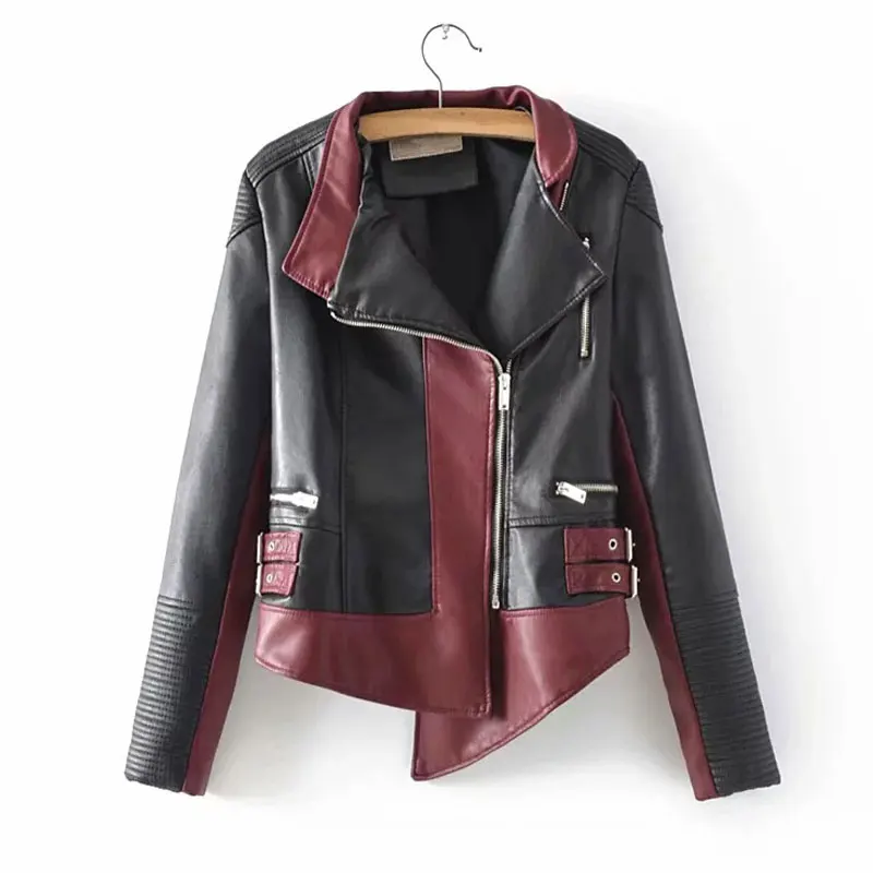 

2019 Autumn PU Leather Jacket Women Windbreak Jackets Patchwork Motorcycle Short Coats Irregular Leather Outwear WWP213