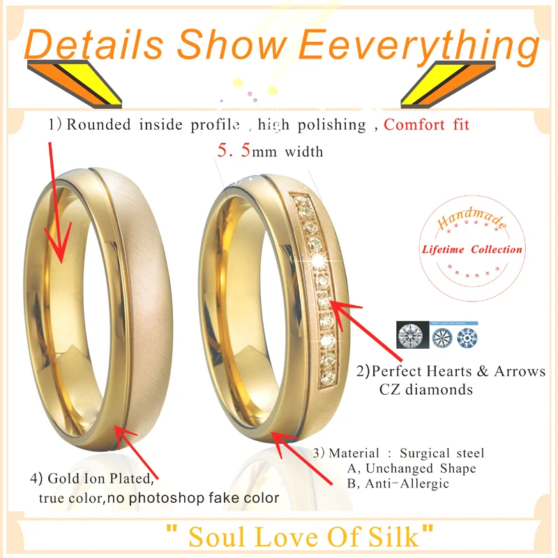 Anniversary Wedding band couple ring men Alliances Gold Color titanium stainless steel jewelry Engagement Rings for women (1)