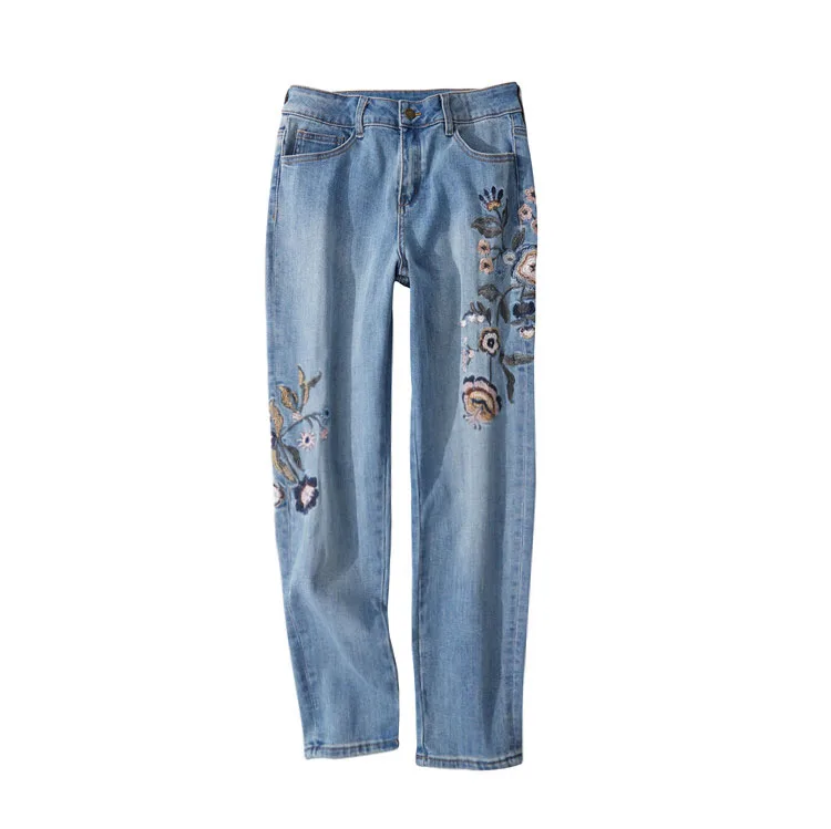 

Jeans with Flowers Women Cottom Fine embroidery Pencil Pants Ankle-length