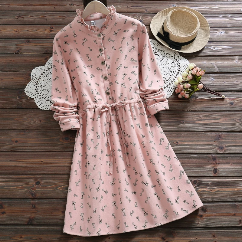 Cute giraffe print ruffled stand collar long sleeve Plus velvet