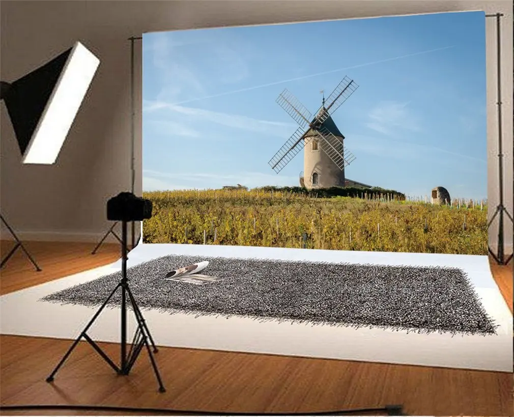 

Photography Backdrop Spring Old Windmill in Beaujolais France Field Scene Blue Sky White Cloud Nature Travel Photo Background
