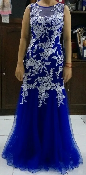 Реальное фото русалка белое кружево Королевский синий длинное вечернее платье Элегантное Длинное Вечернее Платье