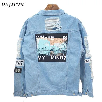 

OLGITUM 2019 Spring New Women Jacket Letter Patch Casual Jacket Light Blue Denim Jacket Hot Sale Fashion Denim Jacket S-L