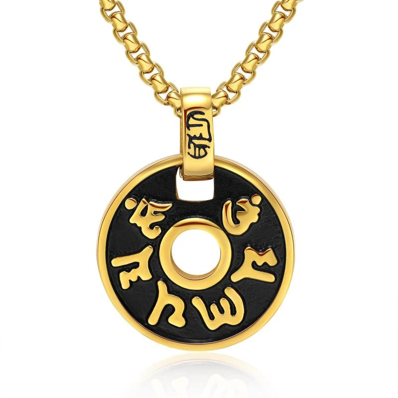 

Six Words Mantra Round Pendant Necklace Gold Silver Color Stainless Steel Om Mani Padme Hum Buddhism Jewelry for Men and Women