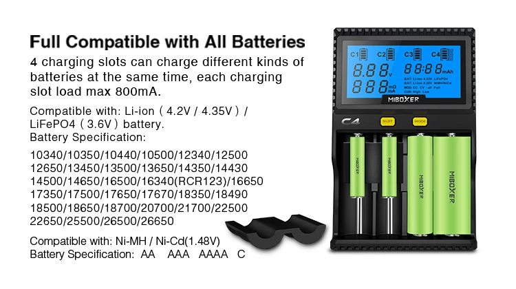 ЖК Смарт зарядное устройство Miboxer C4 для Li-Ion IMR ICR LiFePO4 18650 14500 26650 21700 AAA батареи 100-800mAh 1.5A