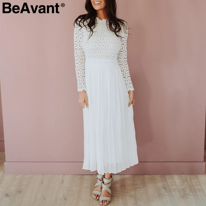 BeAvant Elegant white lace dress women O neck pleated embroidery plus size long dresses Autumn winter ladies party vestidos - Цвет: Белый