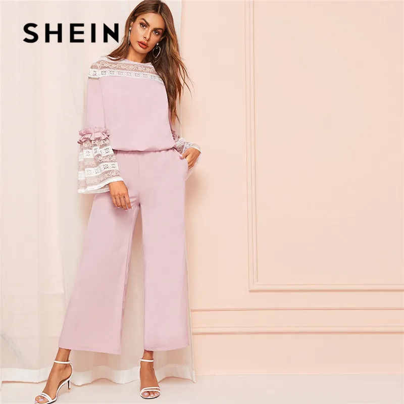 

SHEIN Pink Contrast Lace Flounce Sleeve Women Blouse And Wide Leg Pants Two Piece Set Spring Elegant Solid Ladies Matching Sets