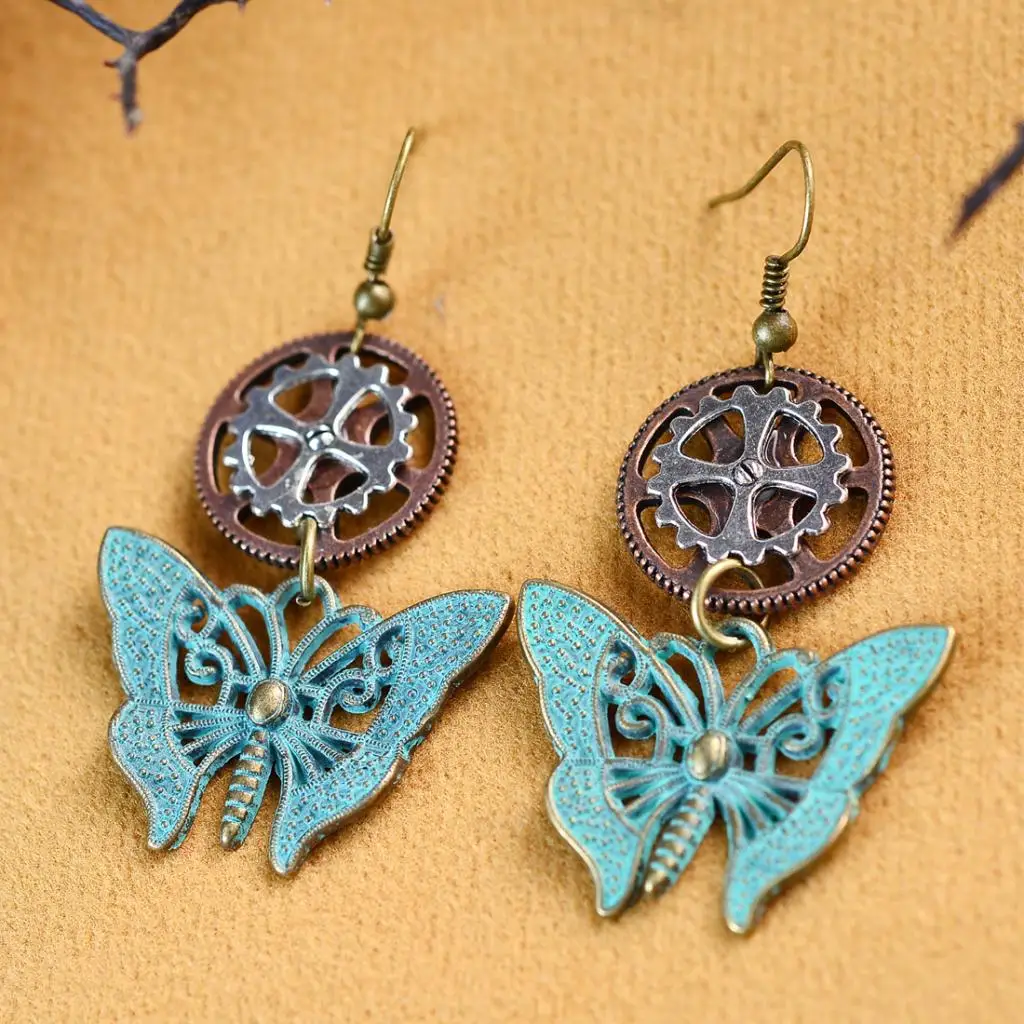 Gothic SteamPunk Gear Earrings Butterfly Dangle Punk Antique Women Jewellery