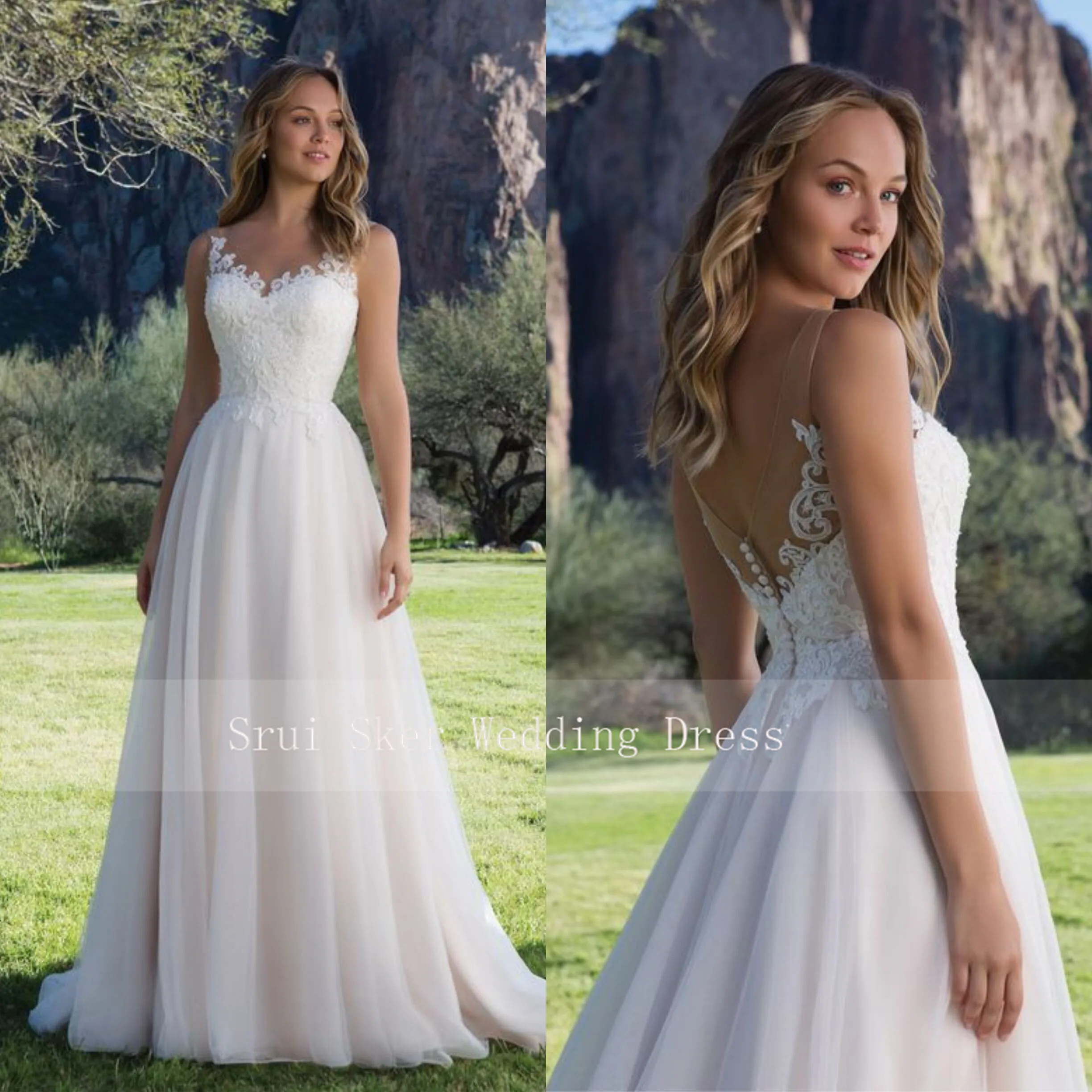 

Hot Sale Tulle Wedding Dress A-Line Gown with Scoop Lace Neckline Sleeveless Bridal Gowns 2019 V-Back