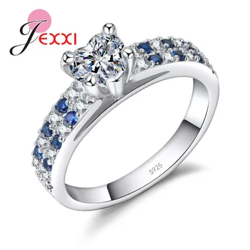 

Elegant Simple Heart Clear Zircon Ring Paved White Blue Crystal Trendy Women 925 Sterling Silver Wedding Bridal Jewelry
