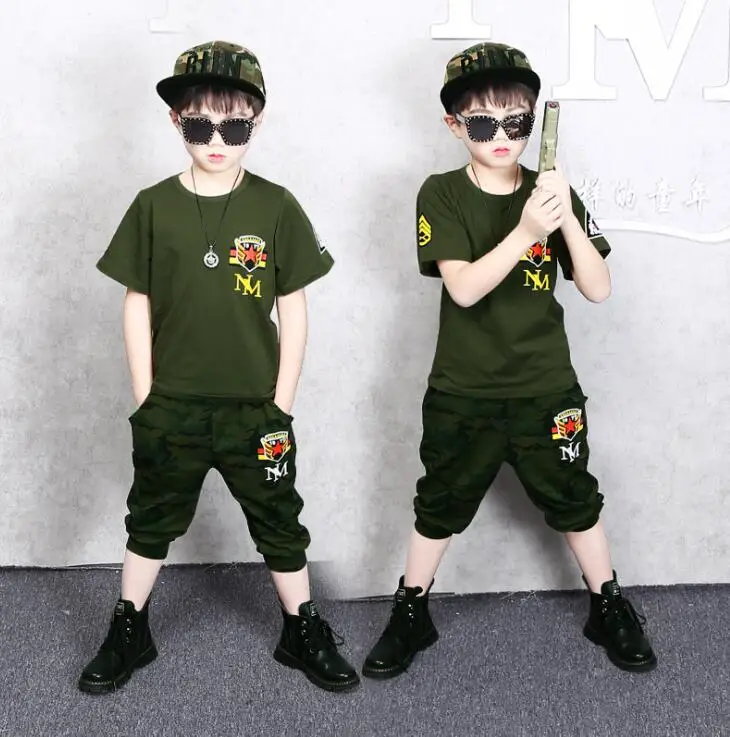 

2019 Summer Boys Camouflage Clothes 2 3 4 6 7 8 9 10 12 14 Years Short Sleeve Cotton Army Green Children Clothing Sets For Boy
