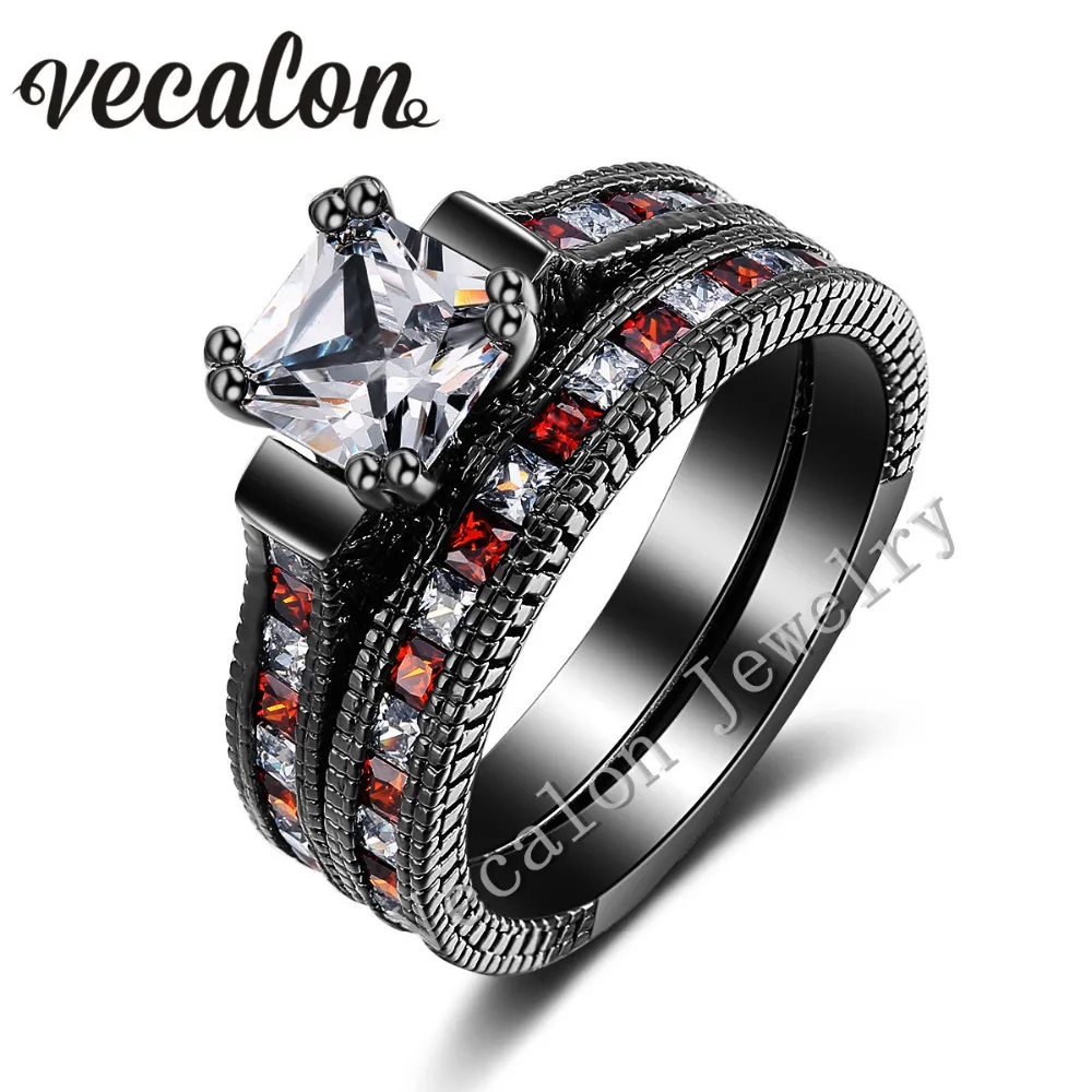 vecalon antique wedding band ring set for women red red aaaaa zircon cz 14kt black gold filled female engagement ring - Red Wedding Rings vecalon antique wedding band ring set for women red red aaaaa zircon cz 14kt black gold filled female engagement ring - Red Wedding Rings