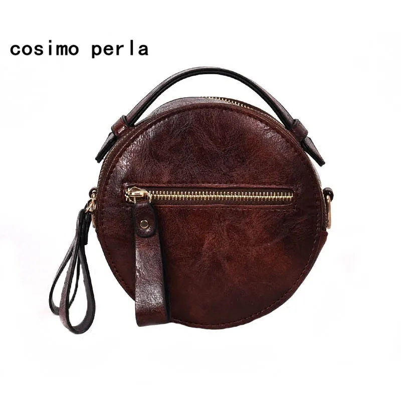 

Vintage Small Round Bag Lady Leather Shoulder Bags Dark Pink Crossbody Bag for Women Flap Purse Mini Circular Handbags 2019