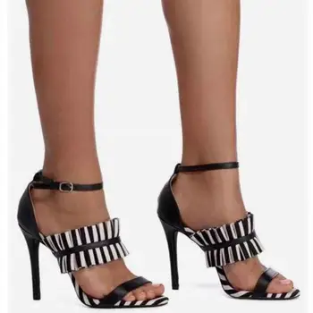 

2019 Women's Fashion Striped Sandals Women Summer Ruffles Gladiator Ladies Sandals Design High Heels Casual Strip Shoes Woman
