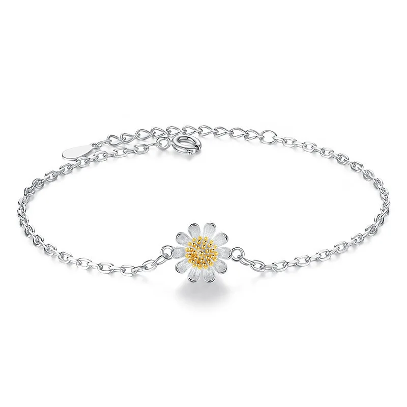 

Sterling Silver Bracelet Sunflower Design Women Handchain Lovely Daisy Jewelry Wholesale Female Bracelet White Gold Plated