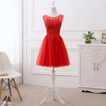 

A-line Tulle Lace Short Elegant Evening Dresses Pink/Geay/Blue/Champagne Bride Party Dress Gown DR01S